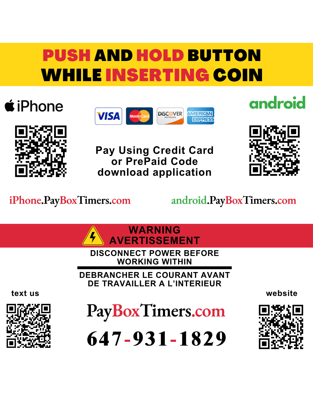Payment instructions and safety warnings for washer dryer timer system