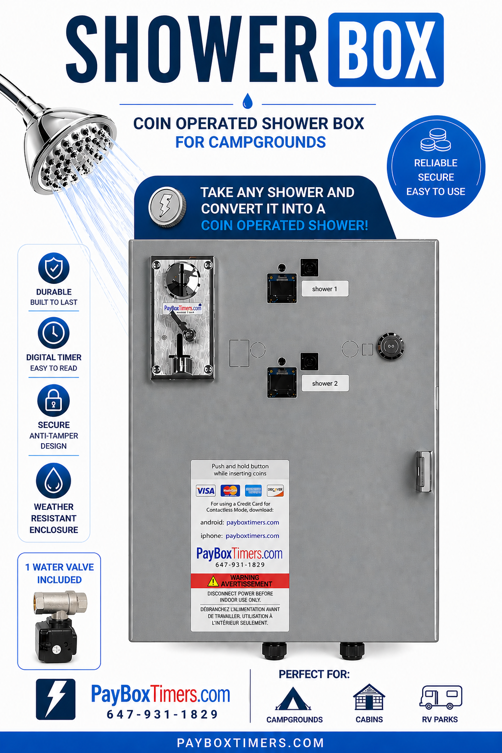Are you a campground owner? Turn shower into paid shower - Free Shipping