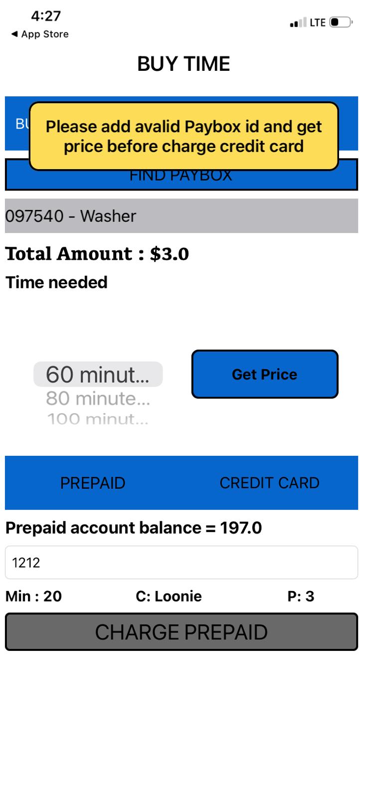 Pay Box Timer app showing the connect screen