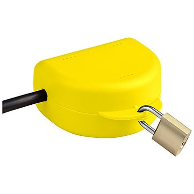 Yellow extension cord lock closed with padlock secured