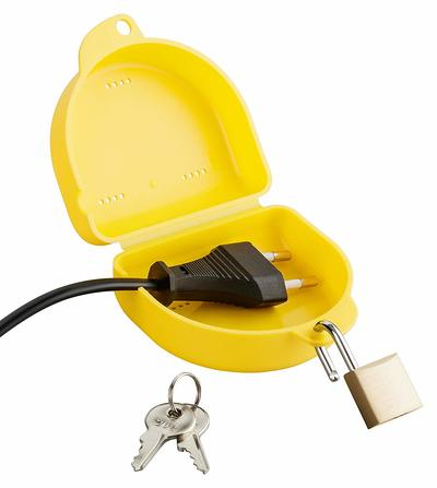 Extension cord lock opened showing plug compartment and keys