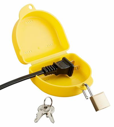 Electrical plug secured inside the yellow lock compartment