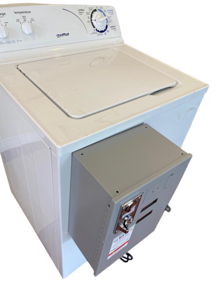 Coin converter box mounted on washer with clear access