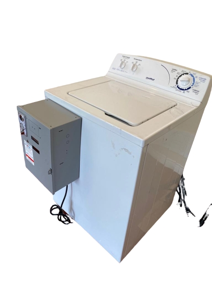 Side view of coin box mounted on washer side panel