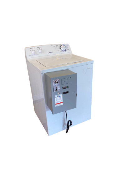 Close-up view of coin box mounted securely on washer